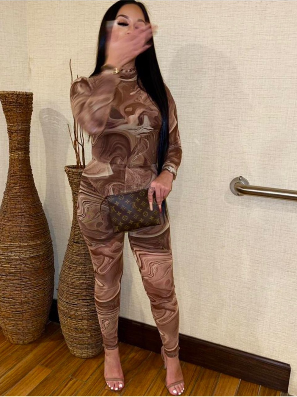 naked wardrobe Brown Swirl Print Long-Sleeve Jumpsuit
